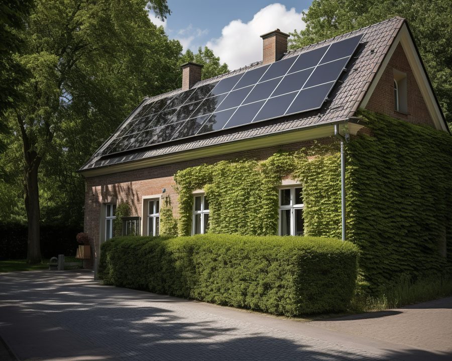 Elegant house with solar panels and tree-shaded facade. generati